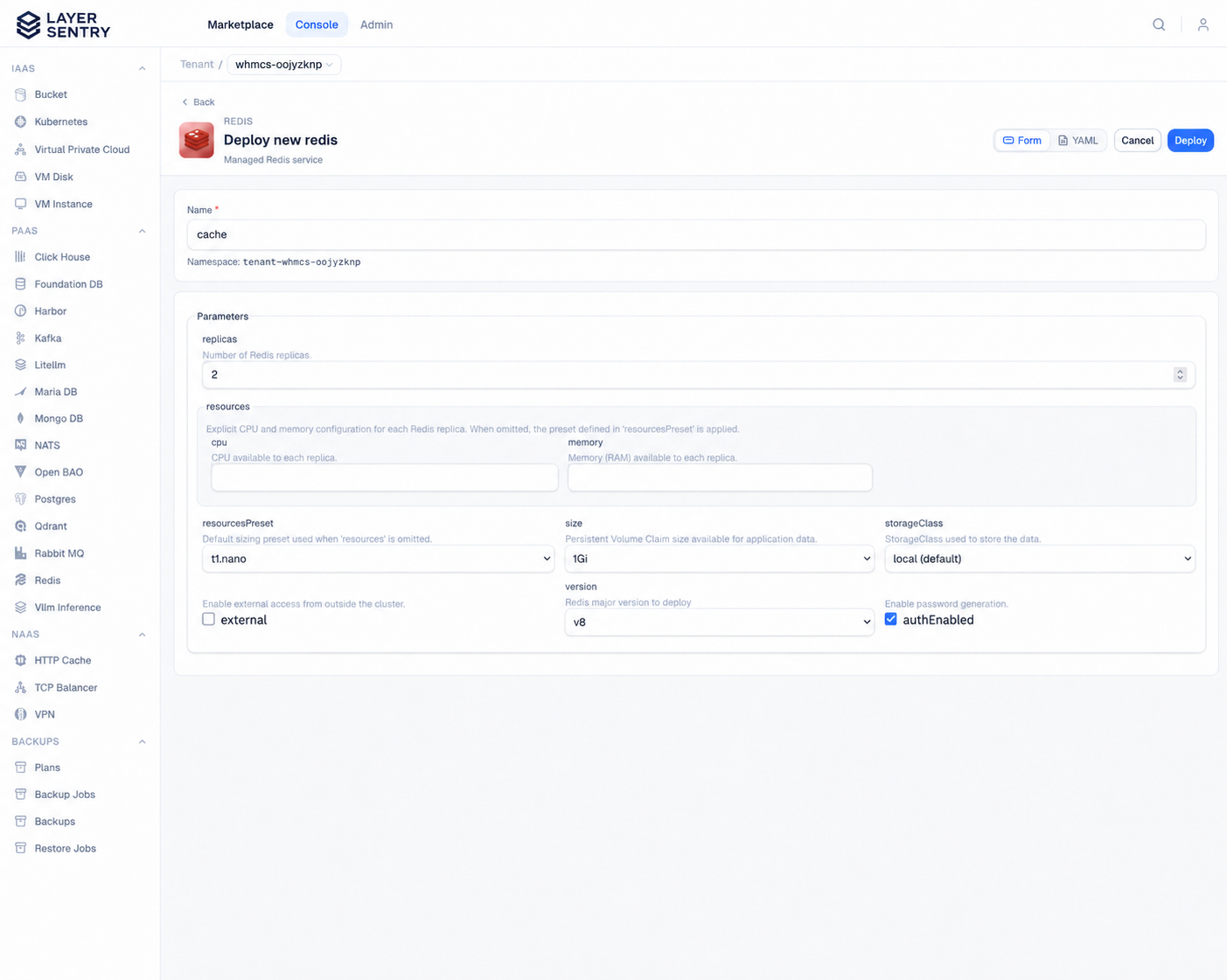 Layer Sentry managed Redis deployment form