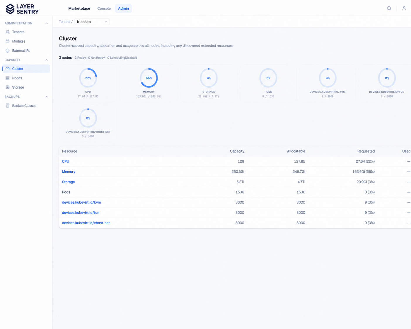 Layer Sentry cluster capacity and allocation dashboard